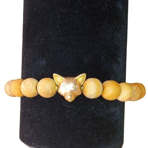 Buena Vida Natural Wood Beads w Gold Tone Fox Head Center Makers Charm Bracelet - Picture 1 of 6
